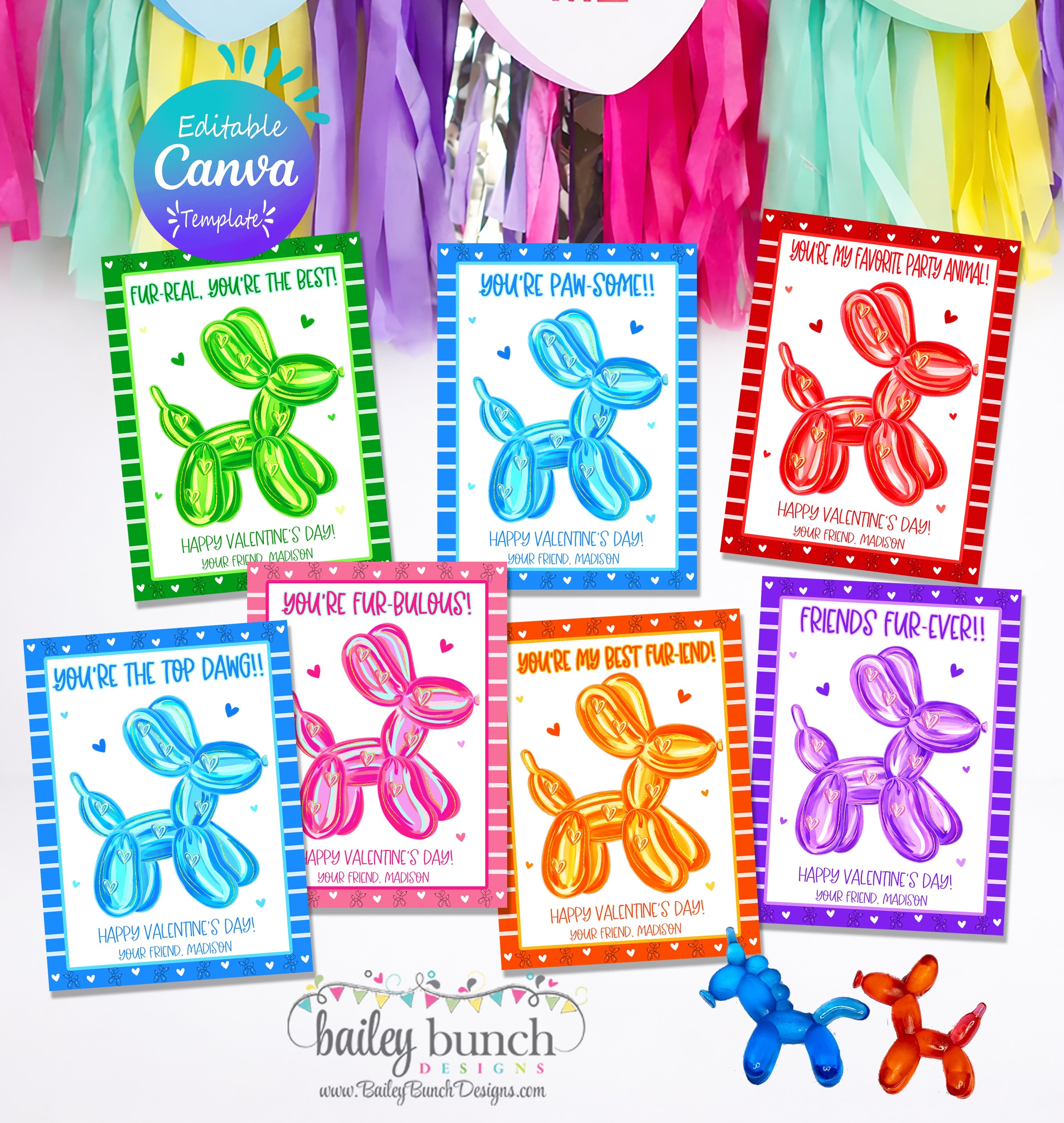 Six Valentine cards with balloon animal dogs and playful love-themed phrases, designed for kids’ classroom exchanges and printable at home