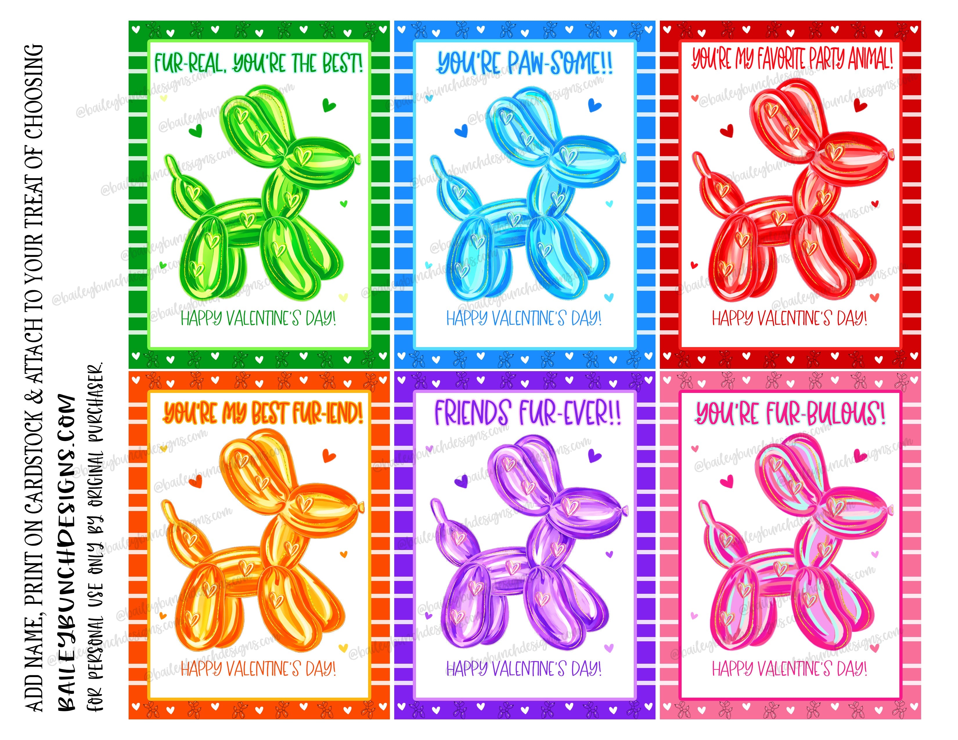 Set of six colorful Valentine's Day cards with balloon dog designs and text.