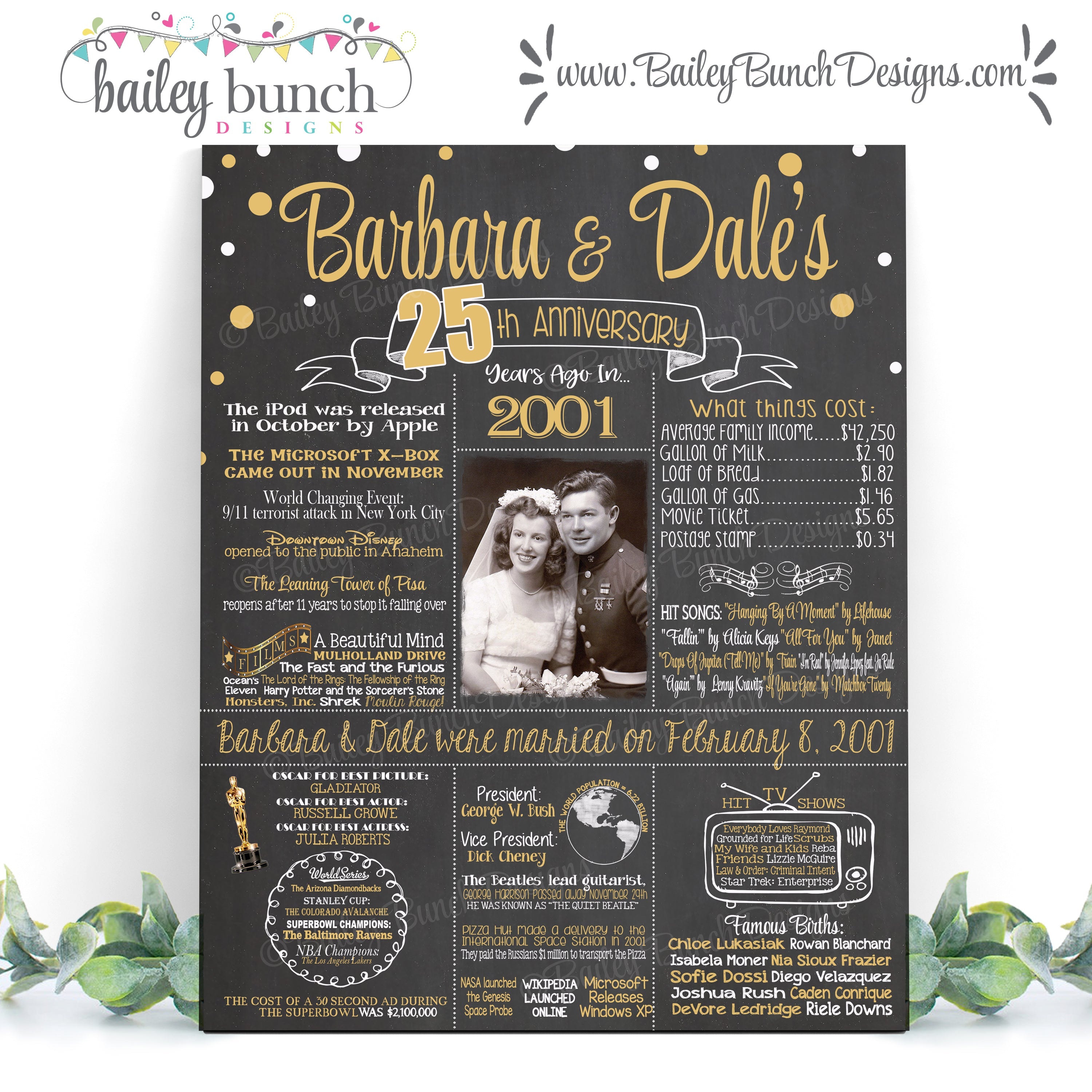 Elegant black chalkboard-style anniversary poster with ‘25th Wedding Anniversary’ in gold and white text, designed to display couple’s names and wedding date
