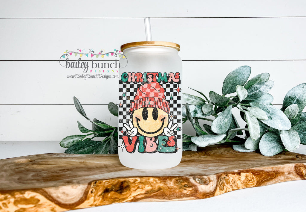 Christmas Vibes Smiley Face Frosted Glass Cup Libbey Can Tumbler LIBBEYCHRISTMASVIBES0520
