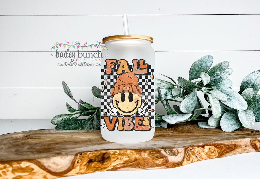 FALL VIBES SMILEY FACE Frosted Glass Cup Libbey Can LIBBEYVIBES0520