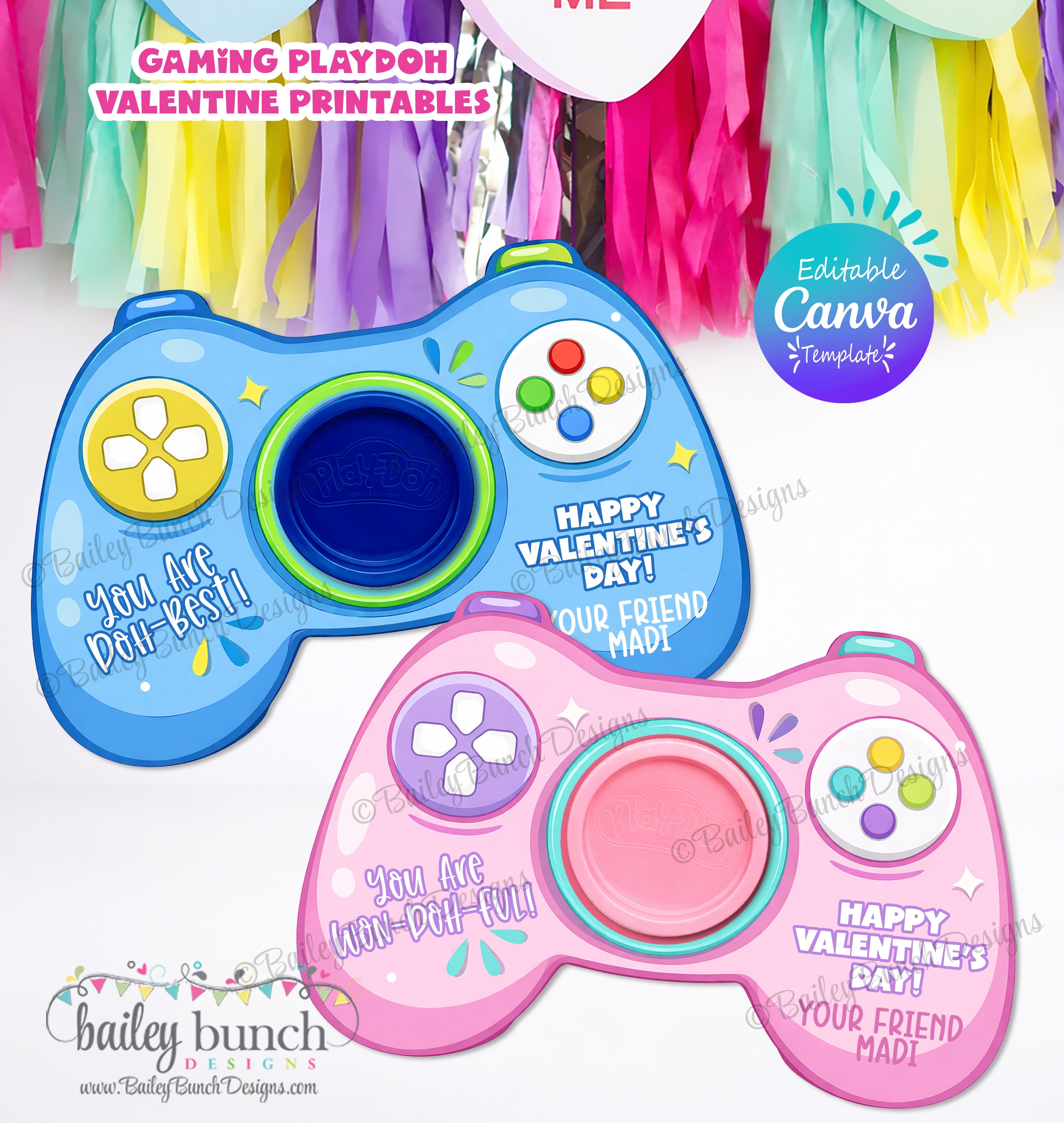 Two colorful gaming controllers with Valentine's Day messages on a white background with festive decorations.