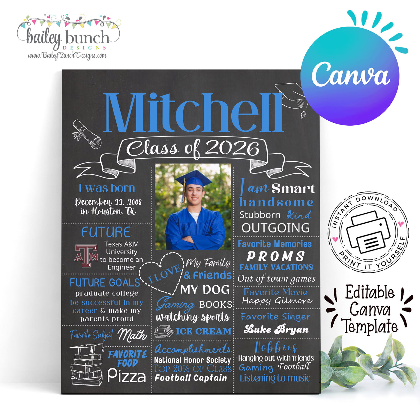 Graduation Sign Editable Canva Template, Grad PHOTO Chalkboard, Class ...