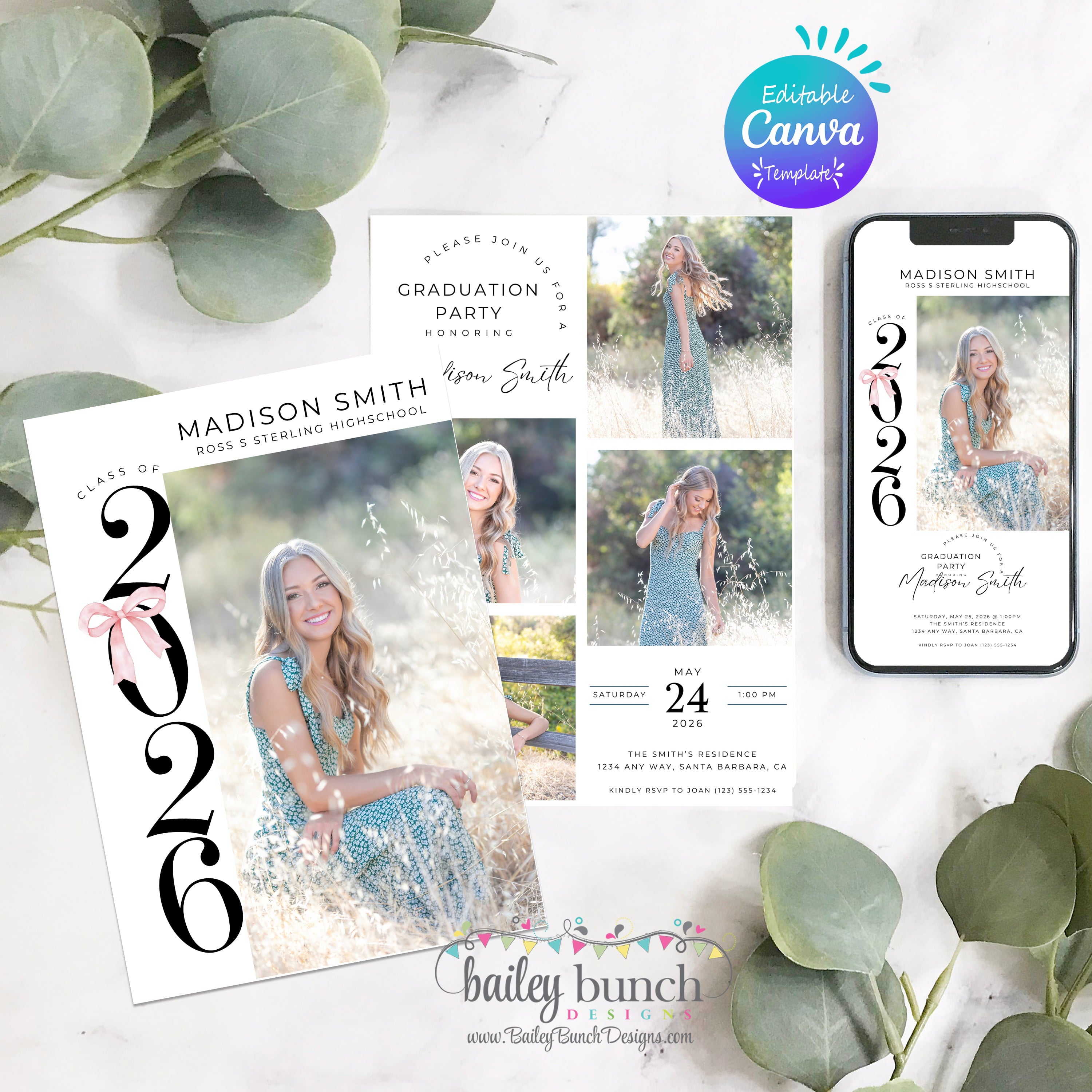 Senior Announcement Card Template, Graduation Invite GRADBOWTEMP05 – Bailey Bunch Designs