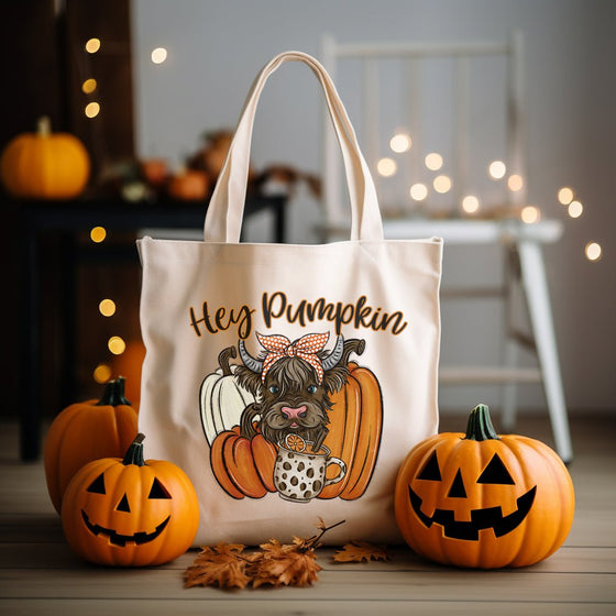 Hey Pumpkin Highland Cow Fall Tote Bag Personalized TOTEPCOW520