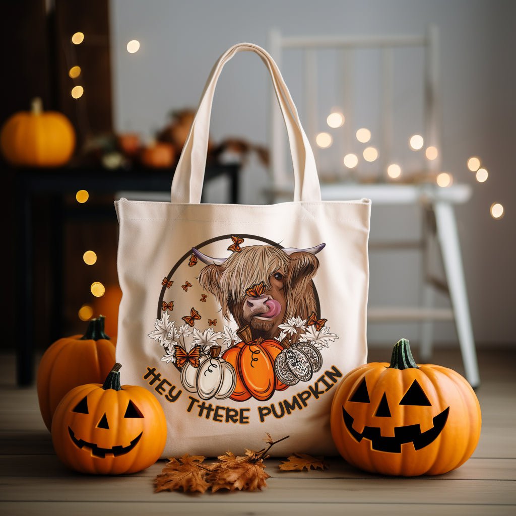 Hey There Pumpkin Highland Cow Fall Tote Bag Personalized