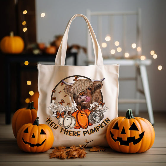 Hey There Pumpkin Highland Cow Fall Tote Bag Personalized TOTEPCOW2520