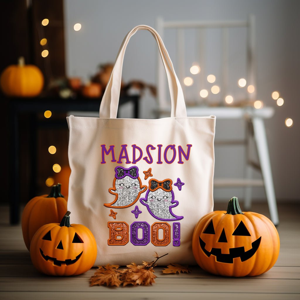 Halloween Faux Embroidery Purple & Orange Ghost BOO Tote TOTEBOO30520