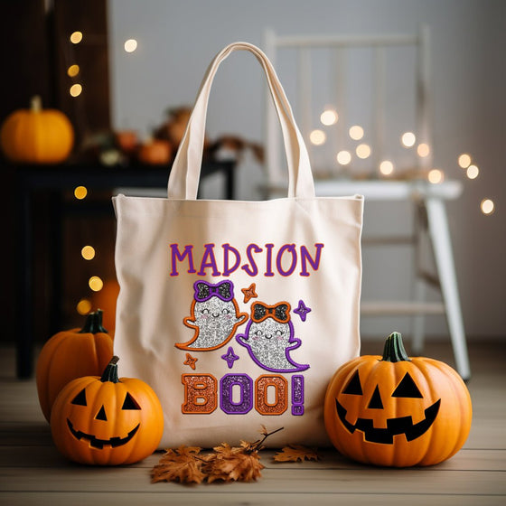 Halloween Faux Embroidery Purple & Orange Ghost BOO Tote TOTEBOO30520