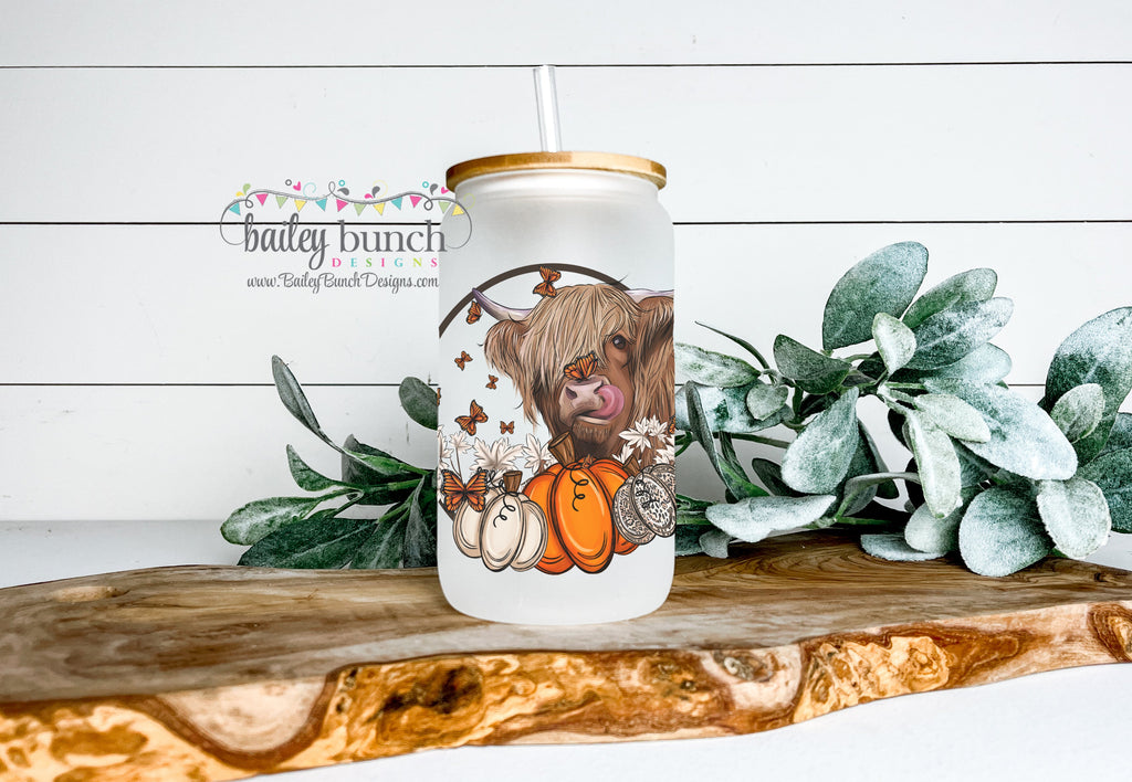 Highland Cow Pumpkin Frosted Glass Cup Libbey Can LIBBEYCOW0520