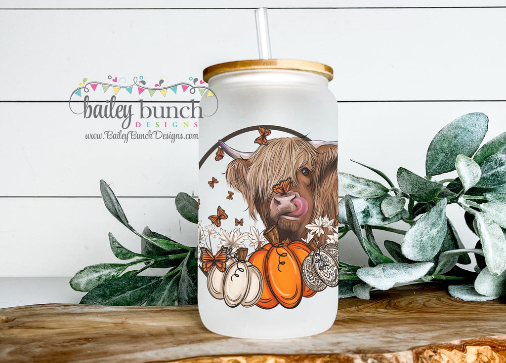 Highland Cow Pumpkin Frosted Glass Cup Libbey Can LIBBEYCOW0520