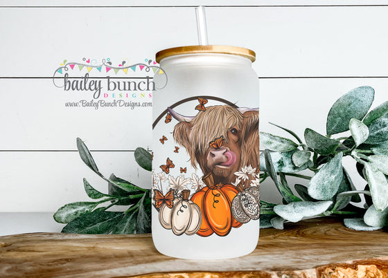 Highland Cow Pumpkin Frosted Glass Cup Libbey Can LIBBEYCOW0520