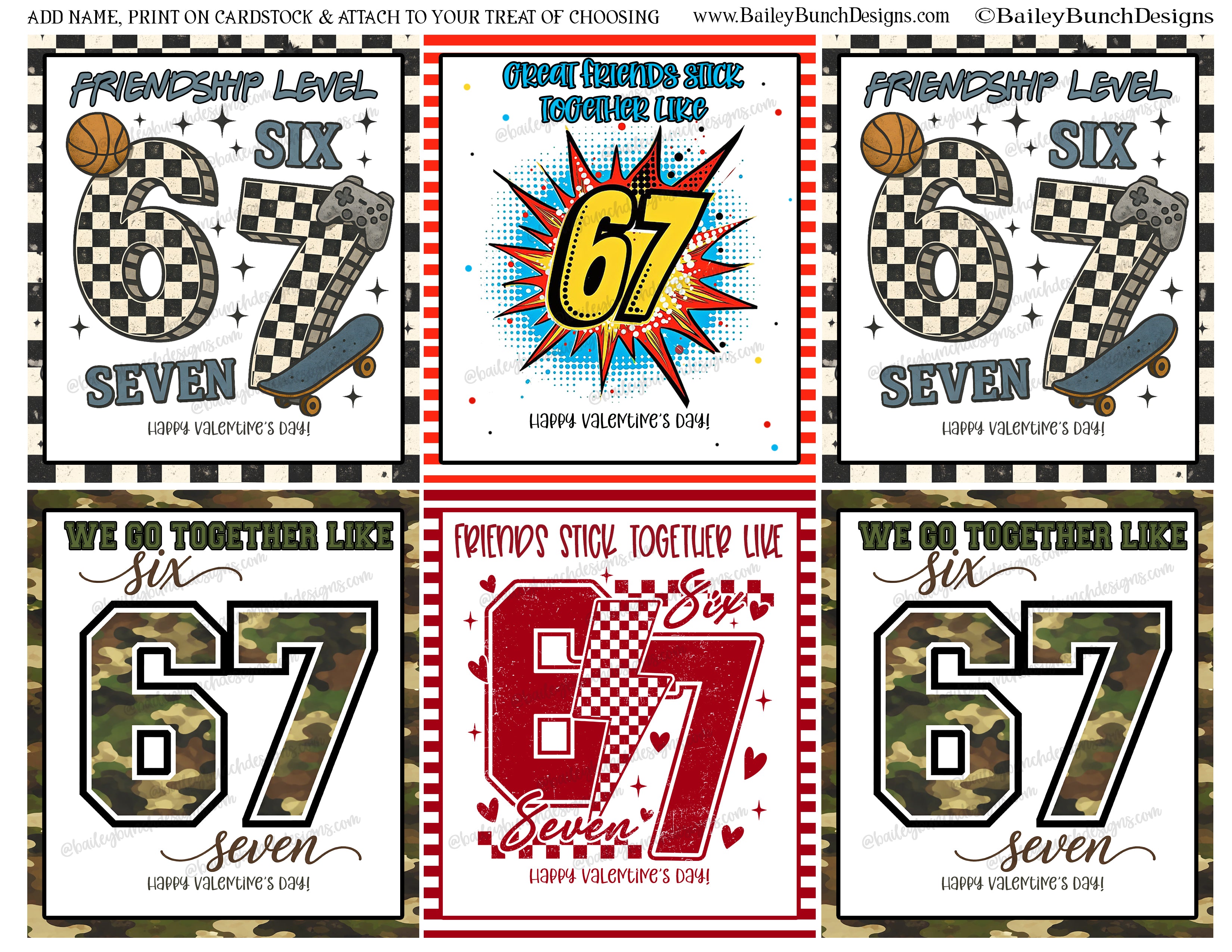 Gaming Valentine Cards Boy Themed Design Camo Pattern Digital Printable School Exchange Trendy Sixty Seven Reference Classroom Party Cards Editable Template Customizable Text Options Multiple Design Choices February Celebration Kids