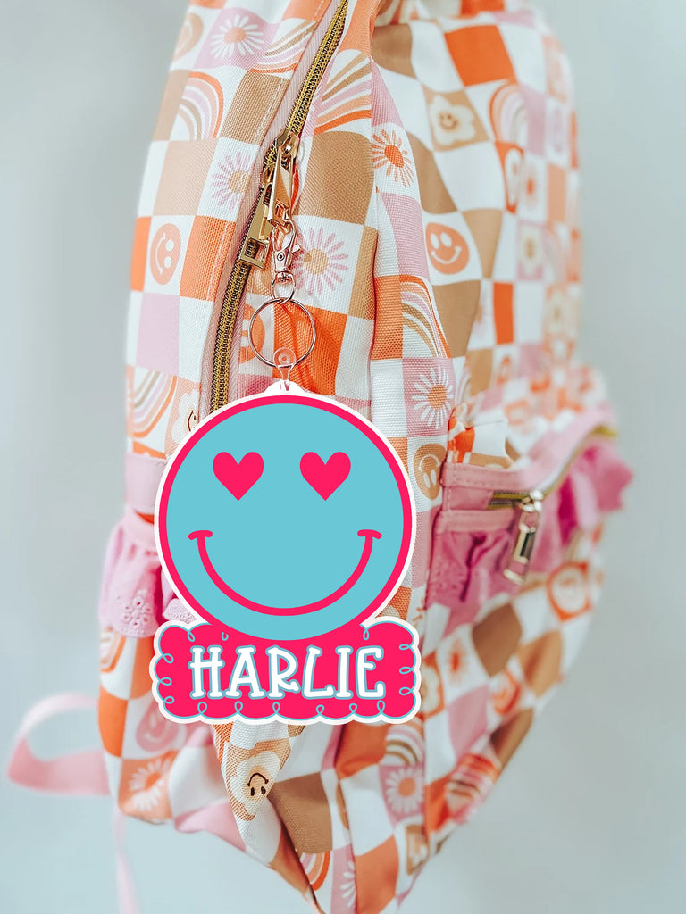 Smiley Face Backpack Name Tag Charms Heart Eyes TAGSMILEPH520