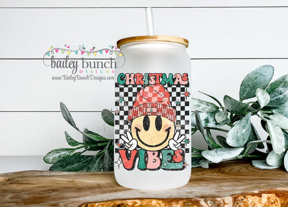 Christmas Vibes Smiley Face Frosted Glass Cup Libbey Can Tumbler LIBBEYCHRISTMASVIBES0520