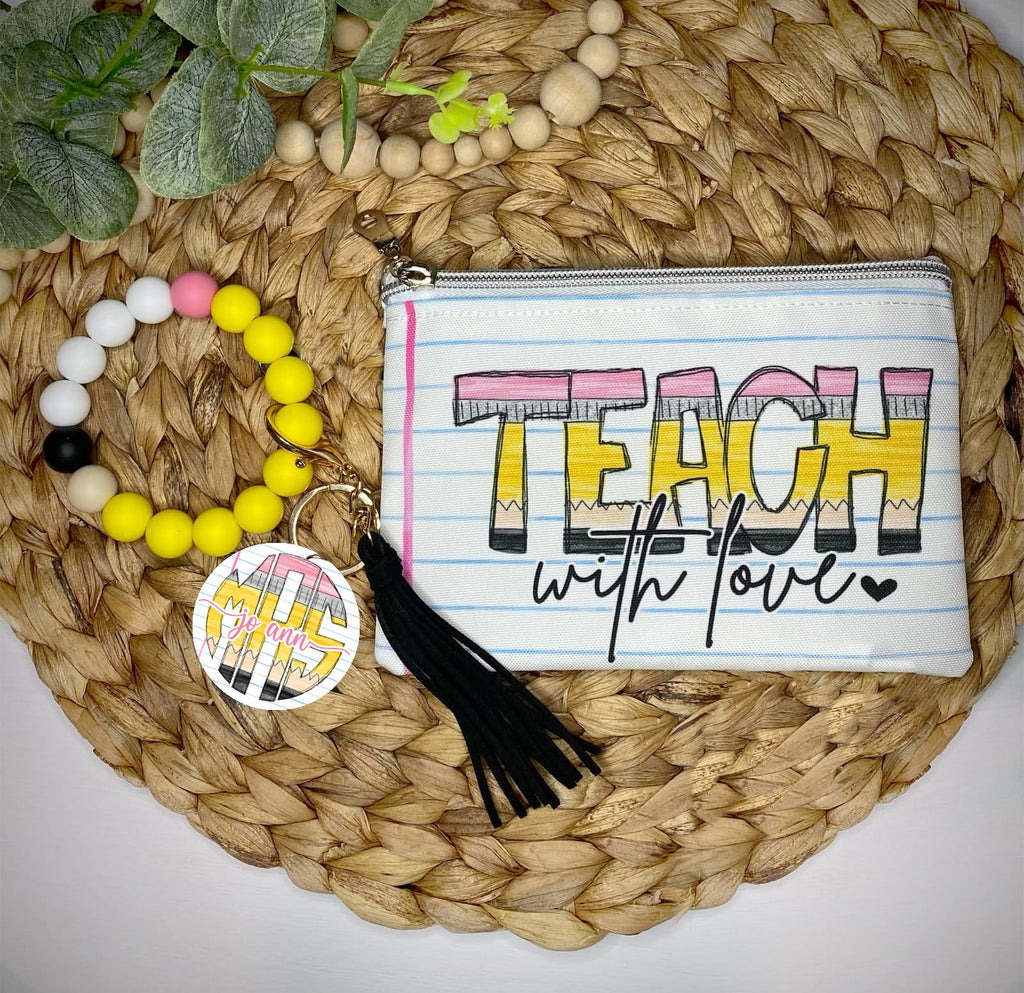 Teacher Pencil Wristlet Keychain & Cosmetic Bag Gift Set Bundle TEACHWC0520