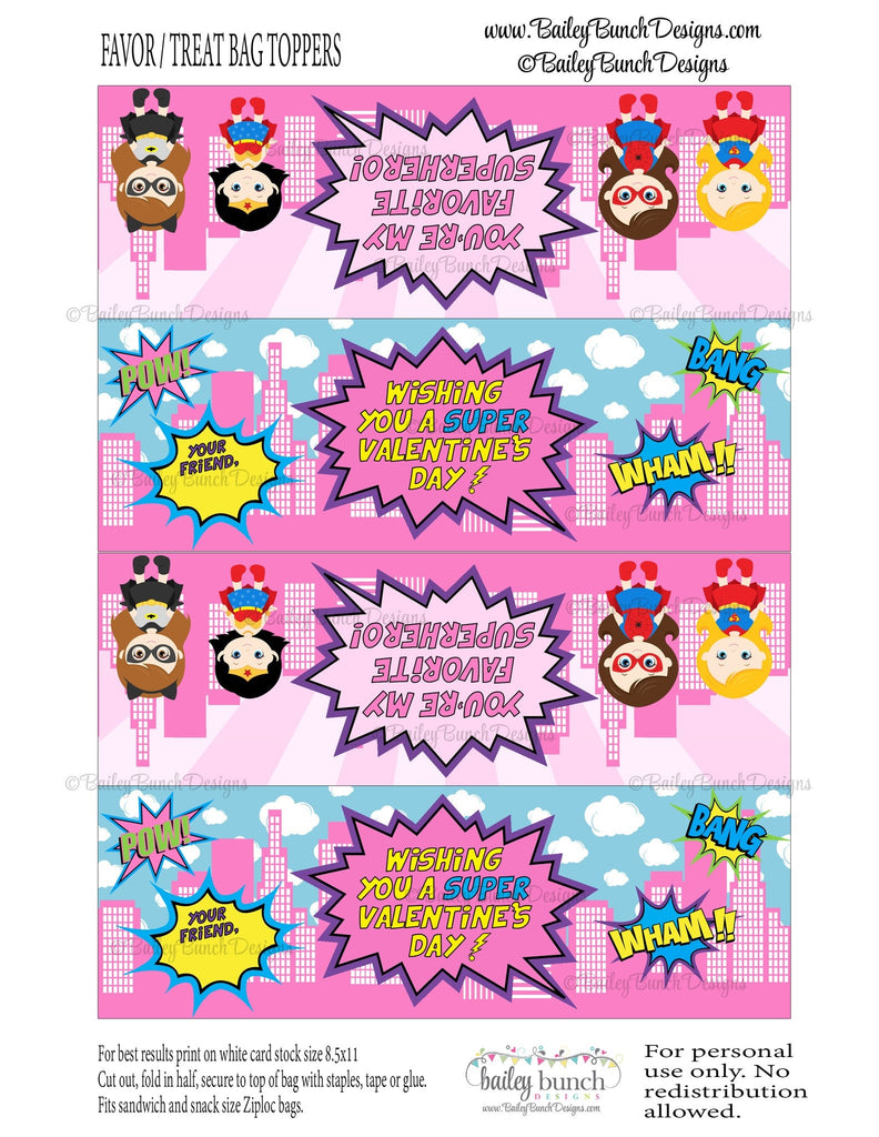 Superheros Valentine Bag Toppers, Girl PINK Superhero Valentines IDVDAYHEROGIRLPINK0520
