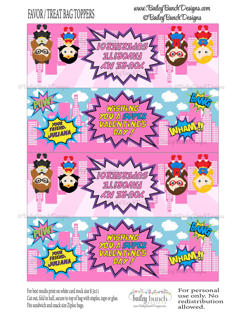 Superheros Valentine Bag Toppers, Girl PINK Superhero Valentines VDAYHEROGIRLPINK0520