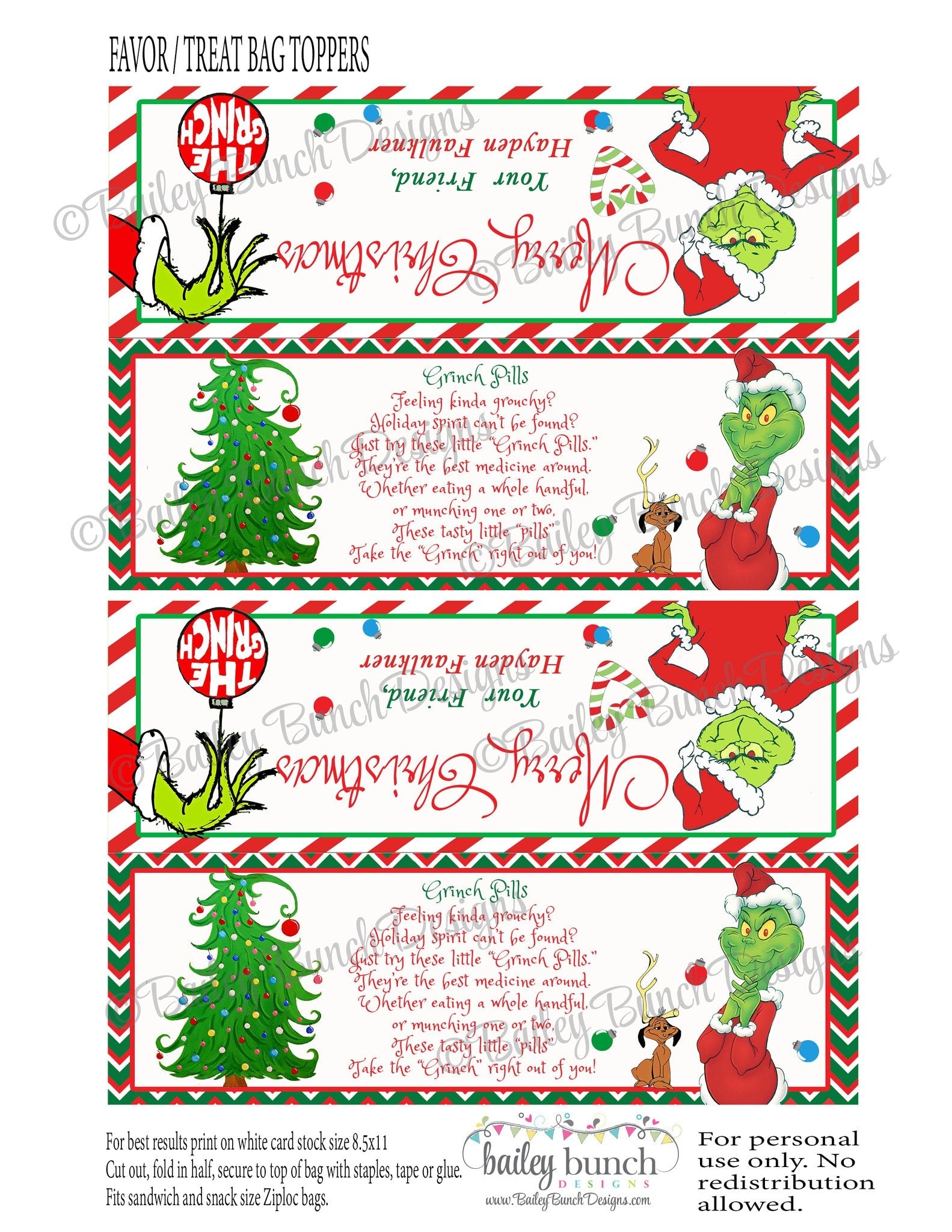 Grinch Pills Treat Bags, Christmas Toppers GRINCH0520 – Bailey Bunch Designs