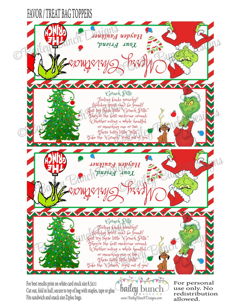 Grinch Pills Treat Bags, Christmas Toppers GRINCH0520