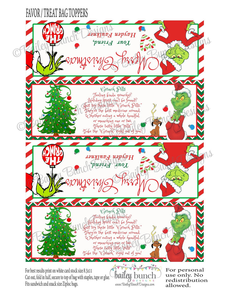 Grinch Pills Treat Bags, Christmas Toppers IDGRINCH0520