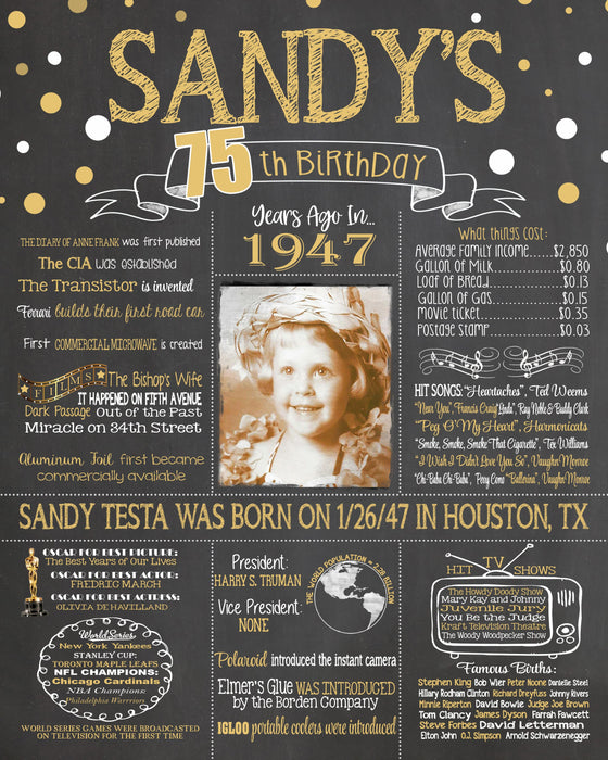 2022 Design - Birthday Sign, 75th Birthday Photo Chalkboard, Back in 1947 Board 75PIC19440520