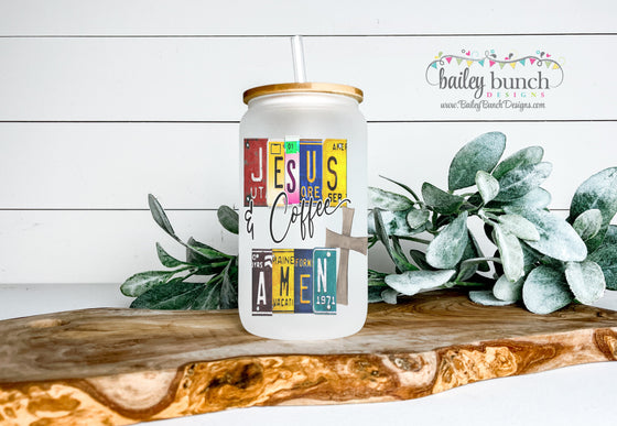Jesus Coffee Amen Frosted Glass Cup Libbey Can Tumbler LIBBEYCANAMEN0520