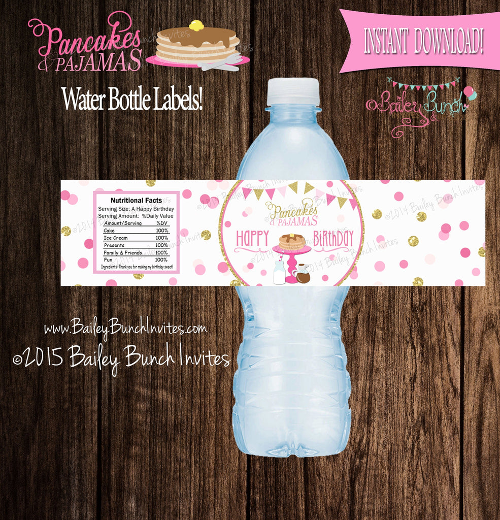Pancakes & Pajamas Water Bottle Labels Wrappers, Favors, INSTANT DOWNLOAD IDPCAKEWATER0520