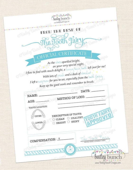 Tooth Fairy Certificate - BLUE - INSTANT DOWNLOAD IDTOOTHBLUE0520
