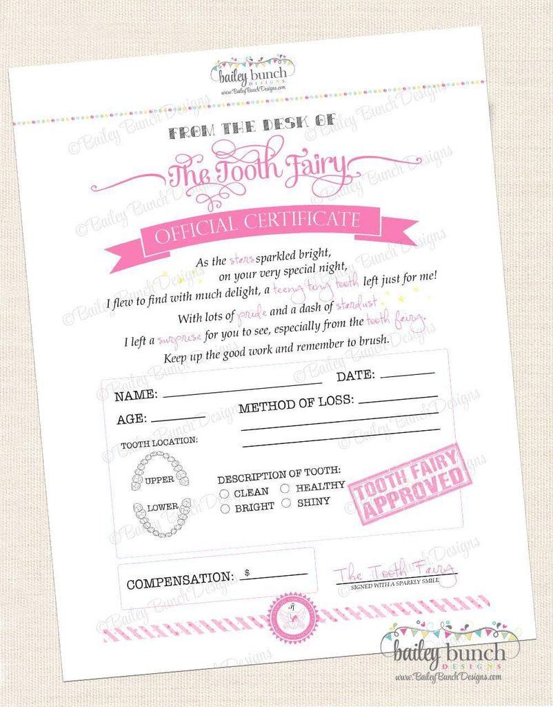 Tooth Fairy Certificate - PINK - INSTANT DOWNLOAD IDTOOTHPINK0520