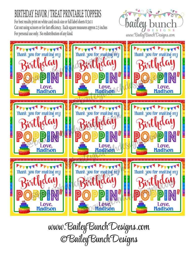 Birthday Party Pop It Fidget Gift Tags Squares - PERSONALIZED - POPITSBDAY0520