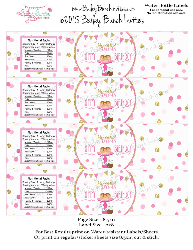 Pancakes & Pajamas Water Bottle Labels Wrappers, Favors, INSTANT DOWNLOAD IDPCAKEWATER0520