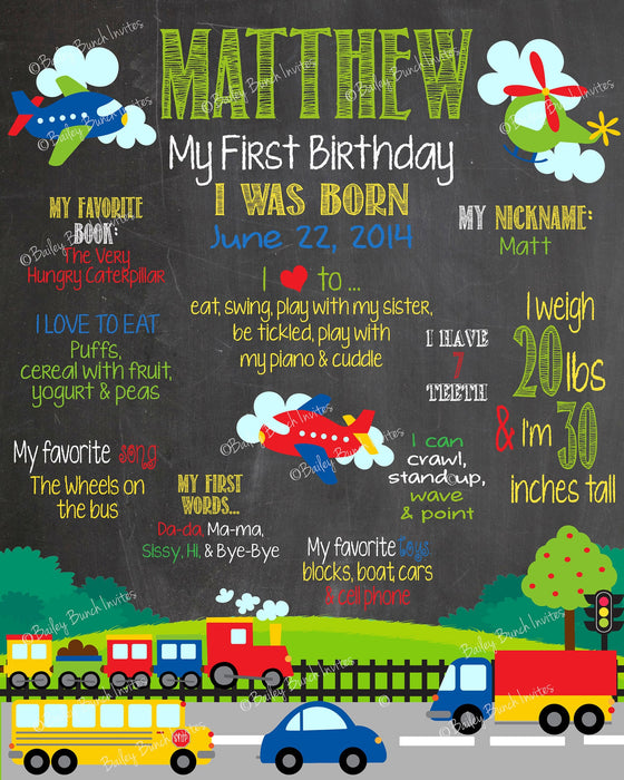 Transportation, Bus, Truck, Plane, Car Birthday Chalkboard, TRUCKSCHALK0520