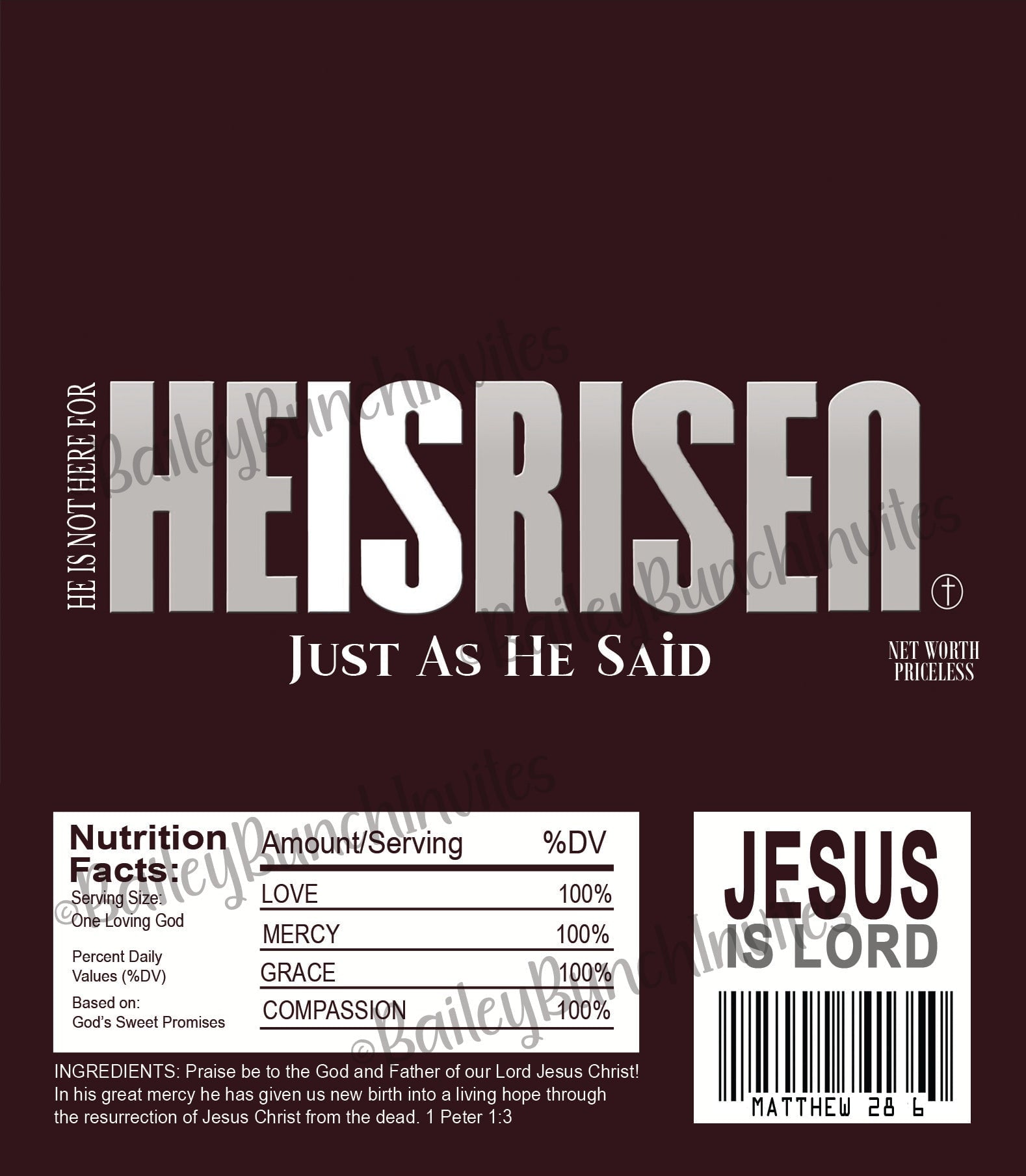 Easter He Is Risen Candy Bar Wrapper IDEASTERCANDYBAR0520 Bailey