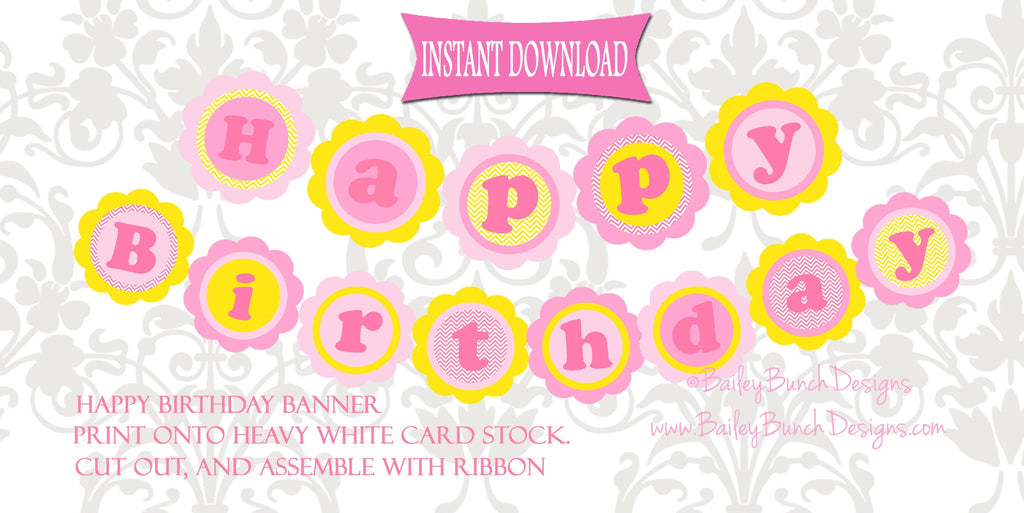 You are my Sunshine XL Happy Birthday Banner - PINK & YELLOW - INSTANT DOWNLOAD IDSUNHP0520