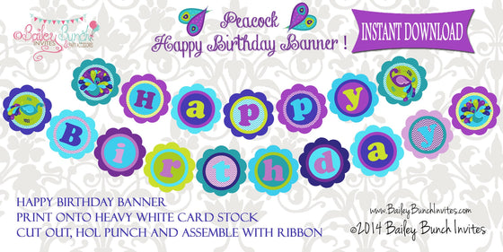 Peacock XL Deluxe HAPPY BIRTHDAY BANNER - INSTANT DOWNLOAD IDPEACOCKHBBANNER0520