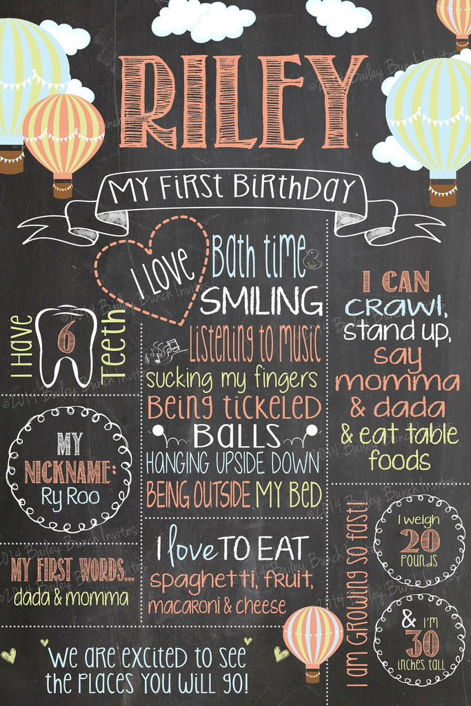 Hot Air Balloon Birthday Chalkboard Poster Sign - Lots of Colors HOTAIRCHALK0520