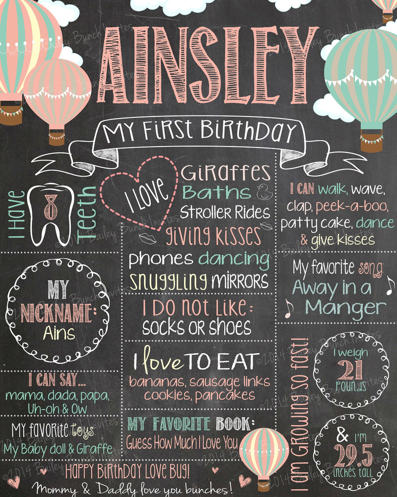 Hot Air Balloon Birthday Chalkboard Poster Sign - Lots of Colors HOTAIRCHALK0520