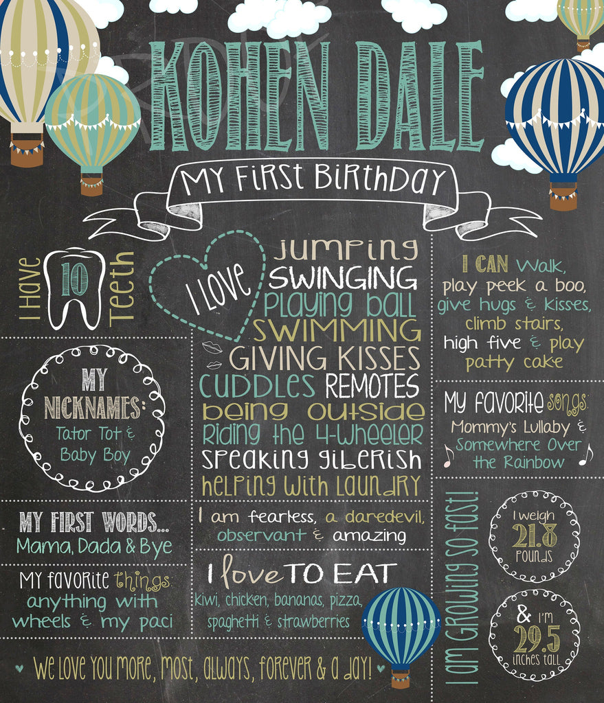 Hot Air Balloon Birthday Chalkboard Poster Sign - Lots of Colors HOTAIRCHALK0520