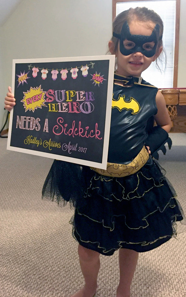 Every Superhero needs a Sidekick Pregnancy Reveal Chalkboard, Announcement, Super Hero - HERO0520