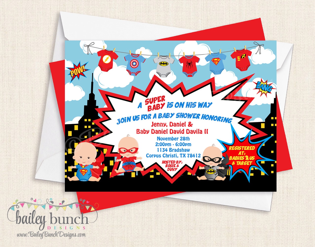 Superhero Baby Shower Invitations BABYHEROINVITE0520 – Bailey Bunch Designs superhero-baby-shower-invitations-babyheroinvite0520-bailey-bunch-designs