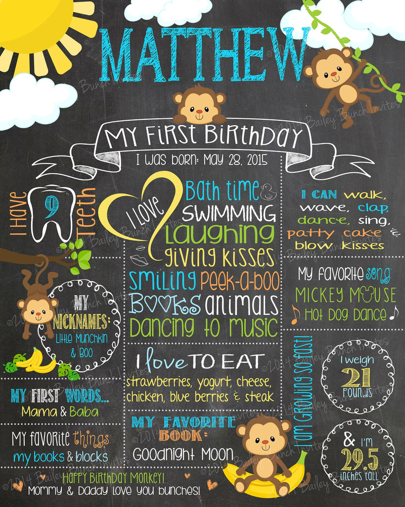 Little Monkey Birthday Birthday Chalkboard Poster, BLUE, Boy and Girl MONKEYBCHALK0520
