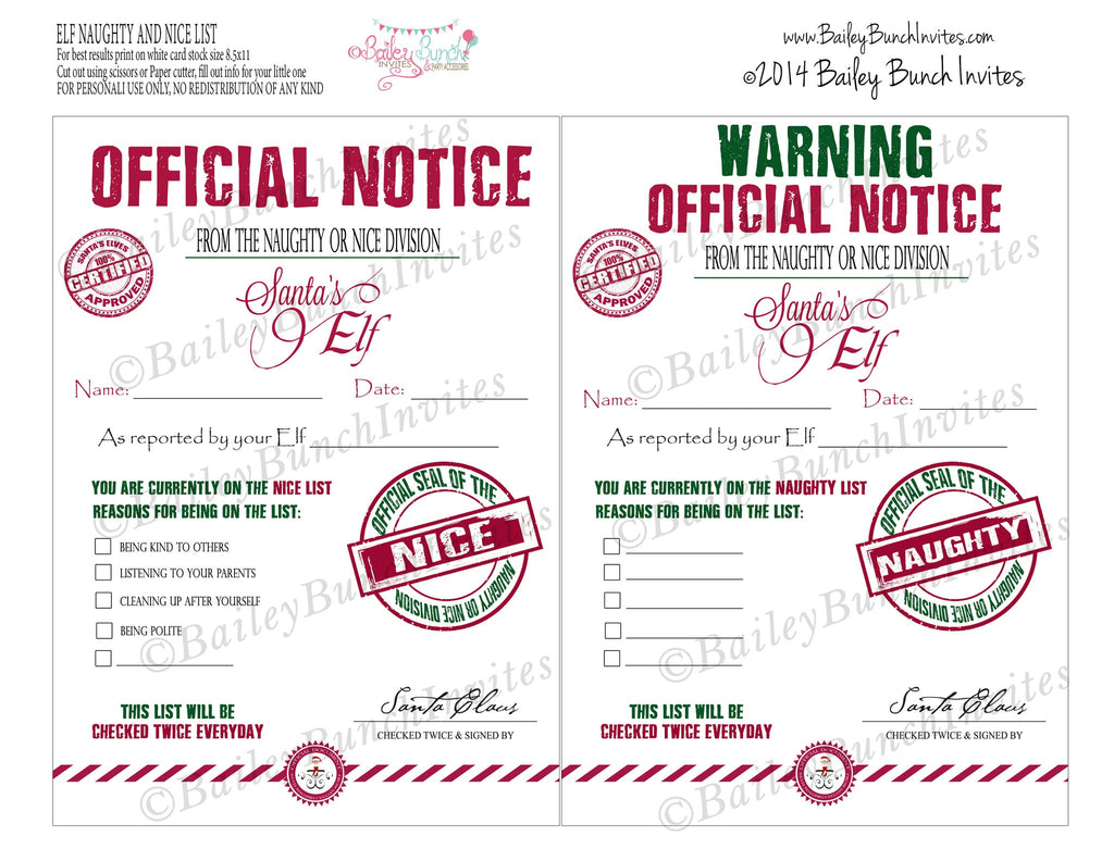 Elf Printables, Christmas Elf, nice list, naughty list, behavior report, Santa IDELF0520