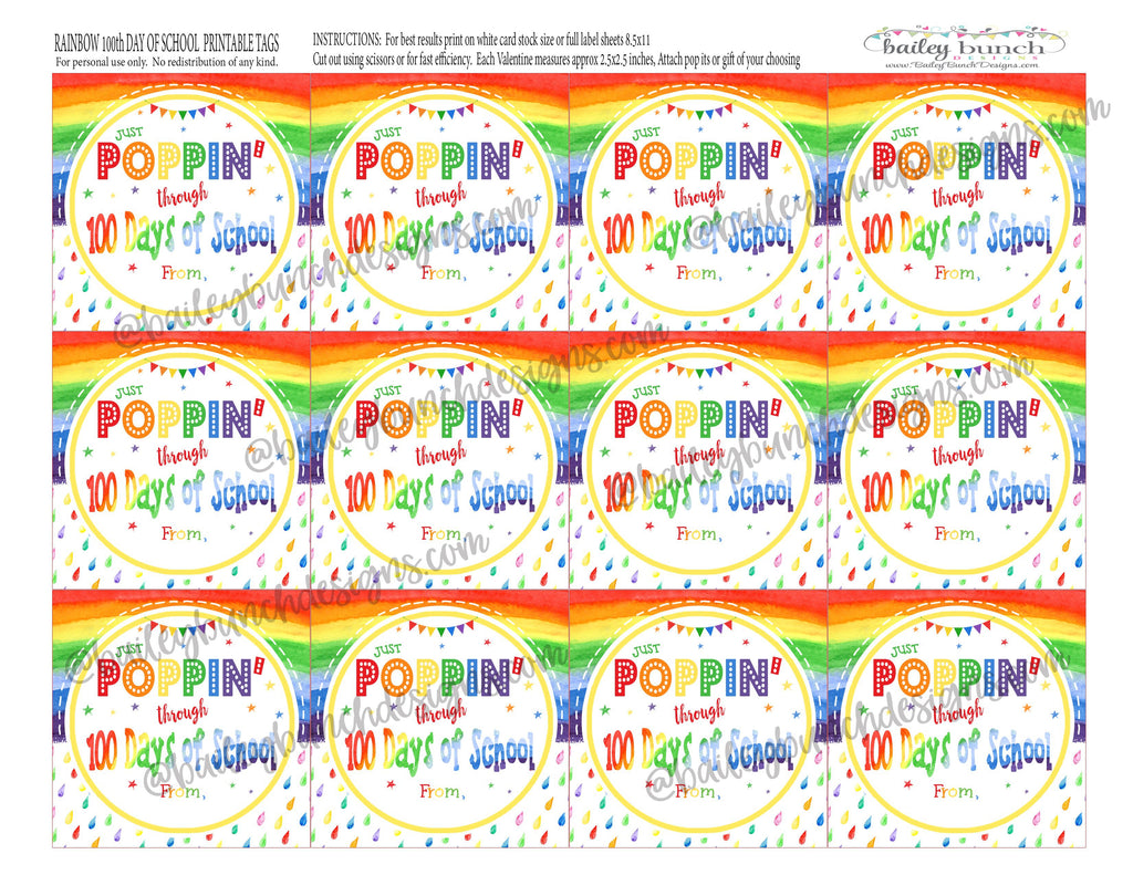 RAINBOW 100th Day of School Pop It Fidget Gift Tags IDRAINBOW1000520