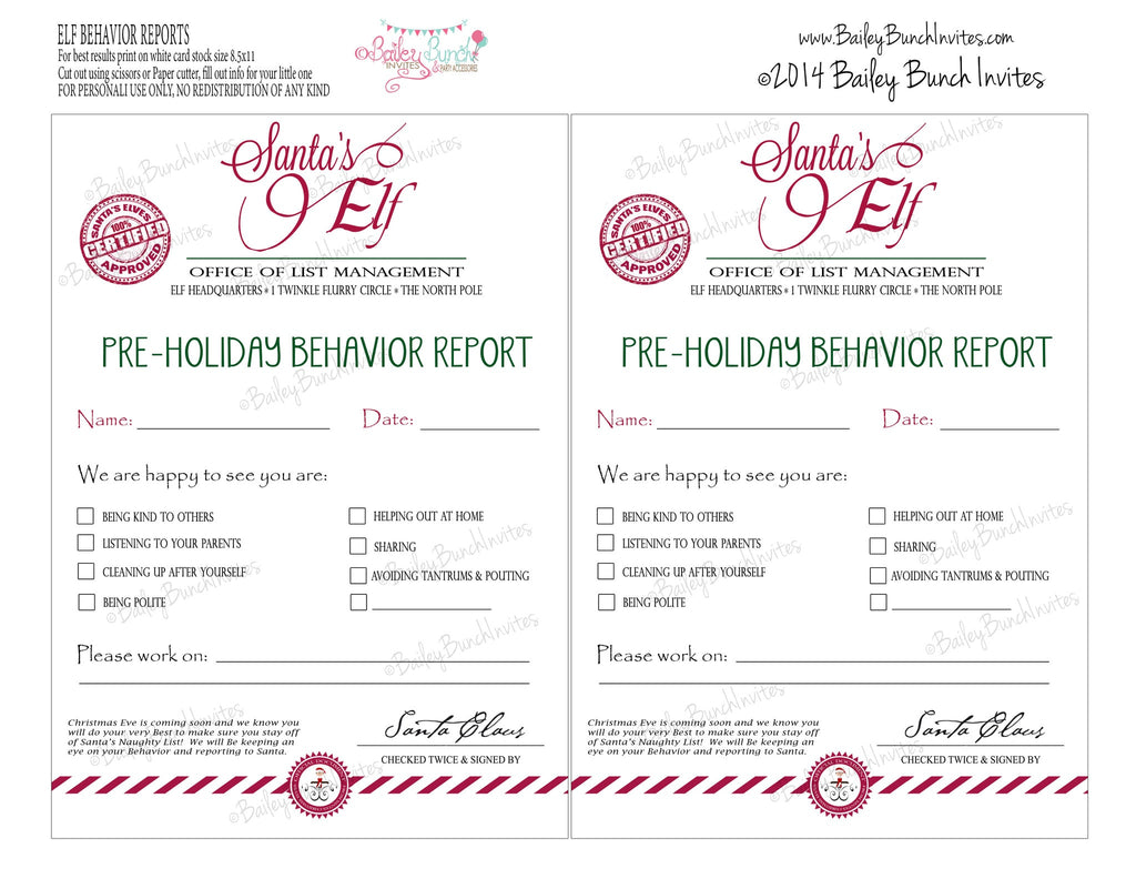 Elf Printables, Christmas Elf, nice list, naughty list, behavior report, Santa IDELF0520