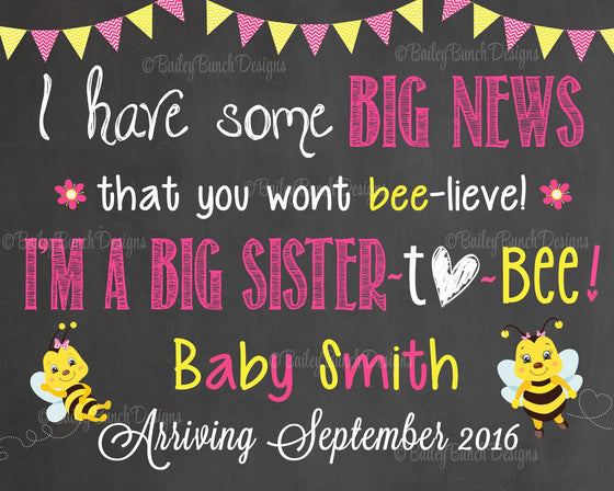 BEE Pregnancy Reveal Announcement Big Sister Big Brother, Chalkboard Sign, BEECHALK0520