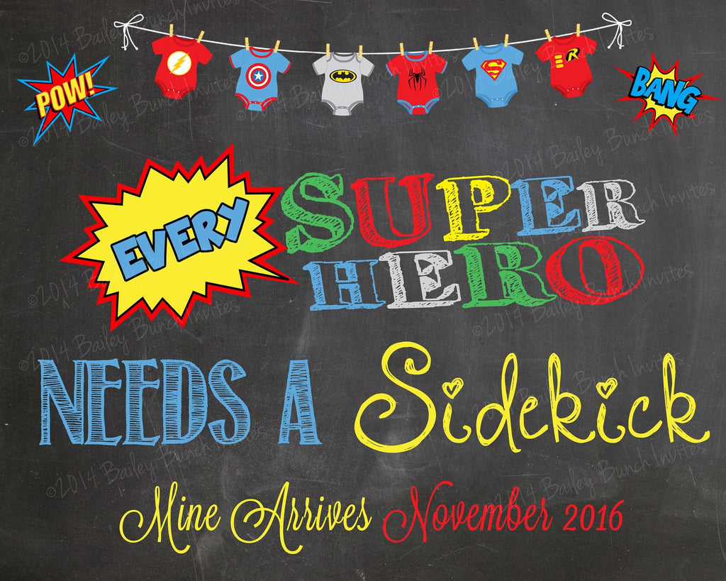 Every Superhero needs a Sidekick Pregnancy Reveal Chalkboard, Announcement, Super Hero - HERO0520