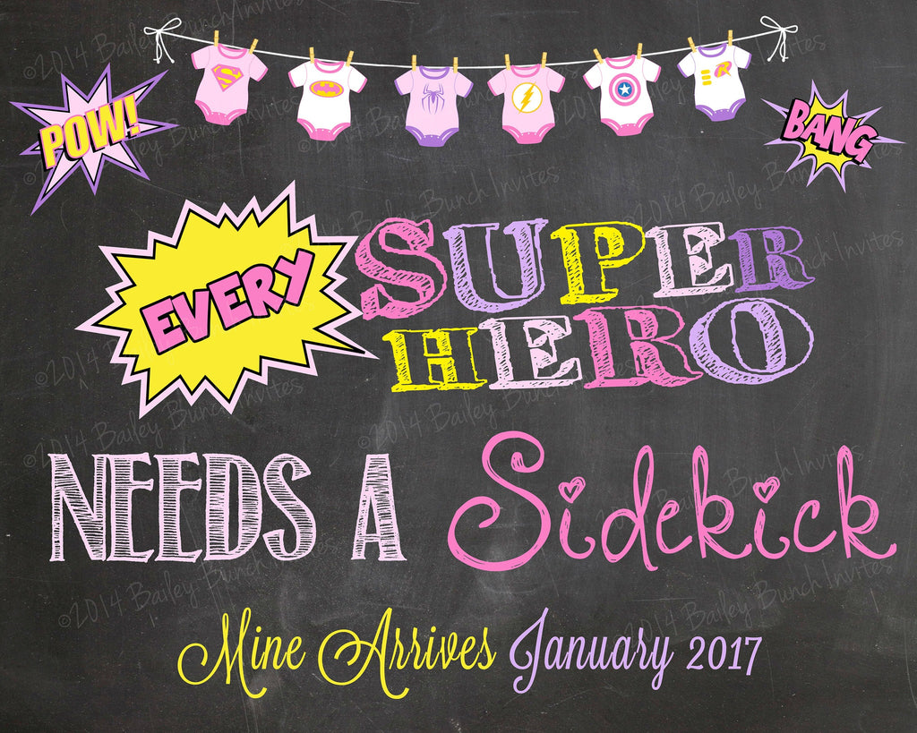 Every Superhero needs a Sidekick Pregnancy Reveal Chalkboard, Announcement, Super Hero - HERO0520