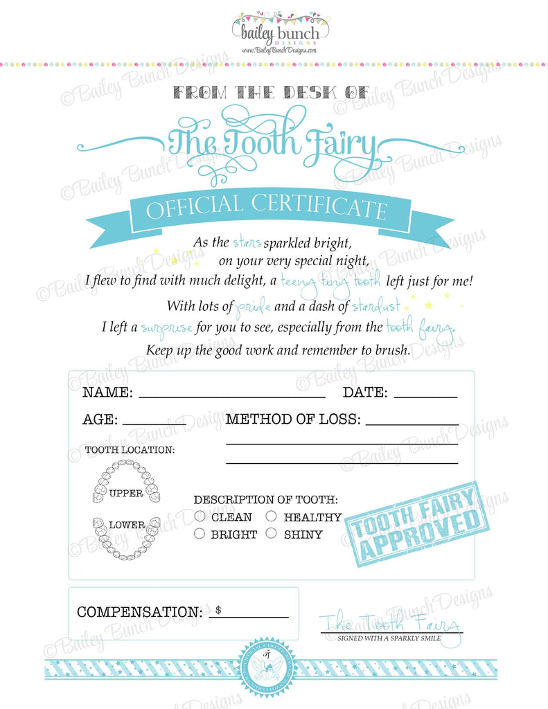 Tooth Fairy Certificate - BLUE - INSTANT DOWNLOAD IDTOOTHBLUE0520