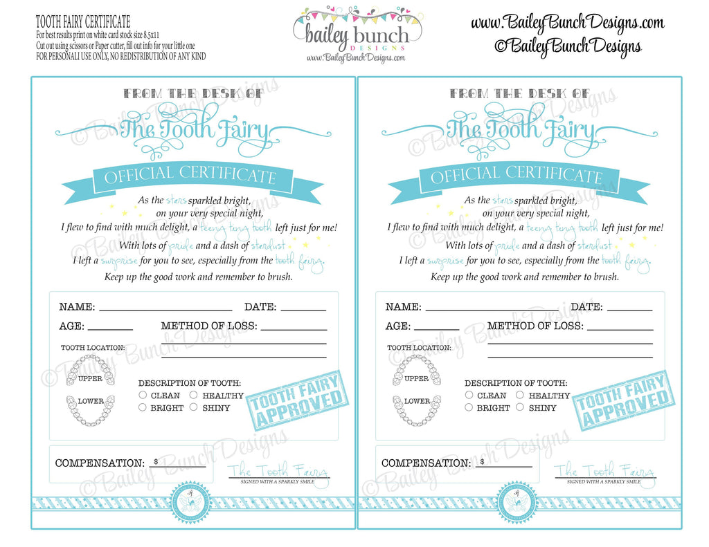 Tooth Fairy Certificate - BLUE - INSTANT DOWNLOAD IDTOOTHBLUE0520